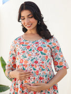 Peach Pure Cotton Floral Printed Fit & Flare Maternity Dress