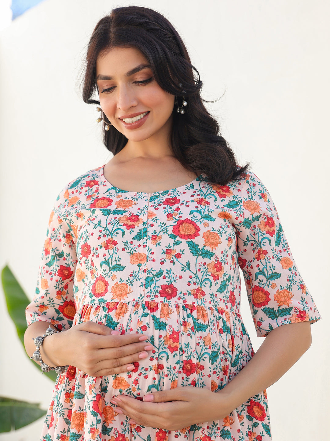 Peach Pure Cotton Floral Printed Fit & Flare Maternity Dress