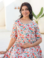 Peach Pure Cotton Floral Printed Fit & Flare Maternity Dress