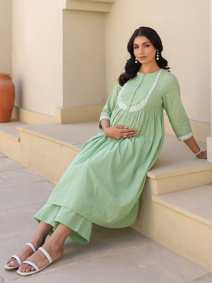 Janasya Women's Light Green Dobby Pure Cotton Yoke Embroidered A line Maternity Kurta Pant Set - qivii