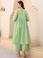 Janasya Women's Light Green Dobby Pure Cotton Yoke Embroidered A line Maternity Kurta Pant Set