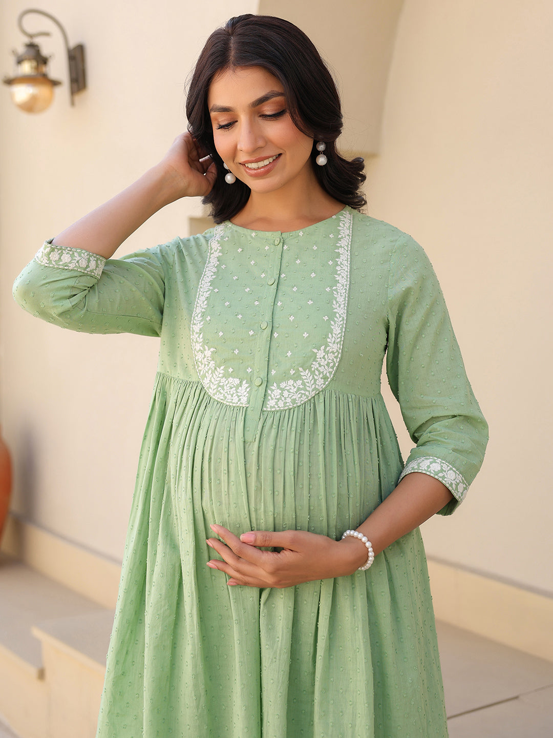Janasya Women's Light Green Dobby Pure Cotton Yoke Embroidered A line Maternity Kurta Pant Set - qivii