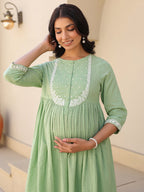 Janasya Women's Light Green Dobby Pure Cotton Yoke Embroidered A line Maternity Kurta Pant Set