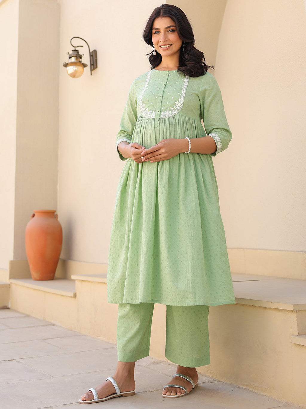 Janasya Women's Light Green Dobby Pure Cotton Yoke Embroidered A line Maternity Kurta Pant Set