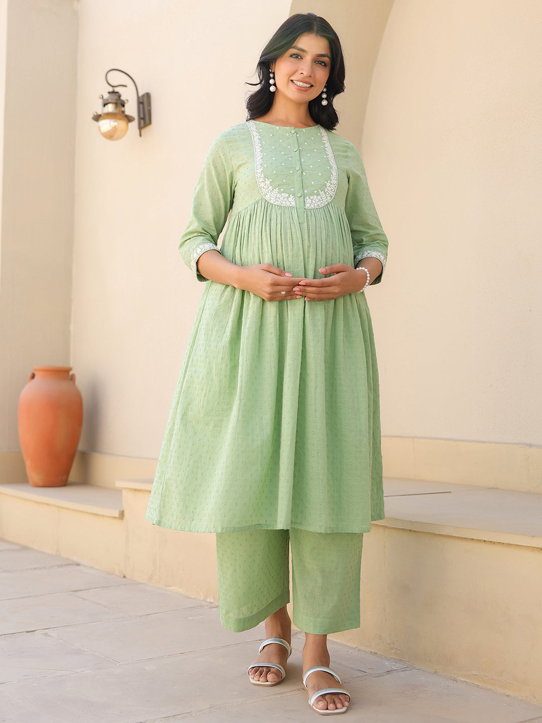 Janasya Women's Light Green Dobby Pure Cotton Yoke Embroidered A line Maternity Kurta Pant Set - qivii
