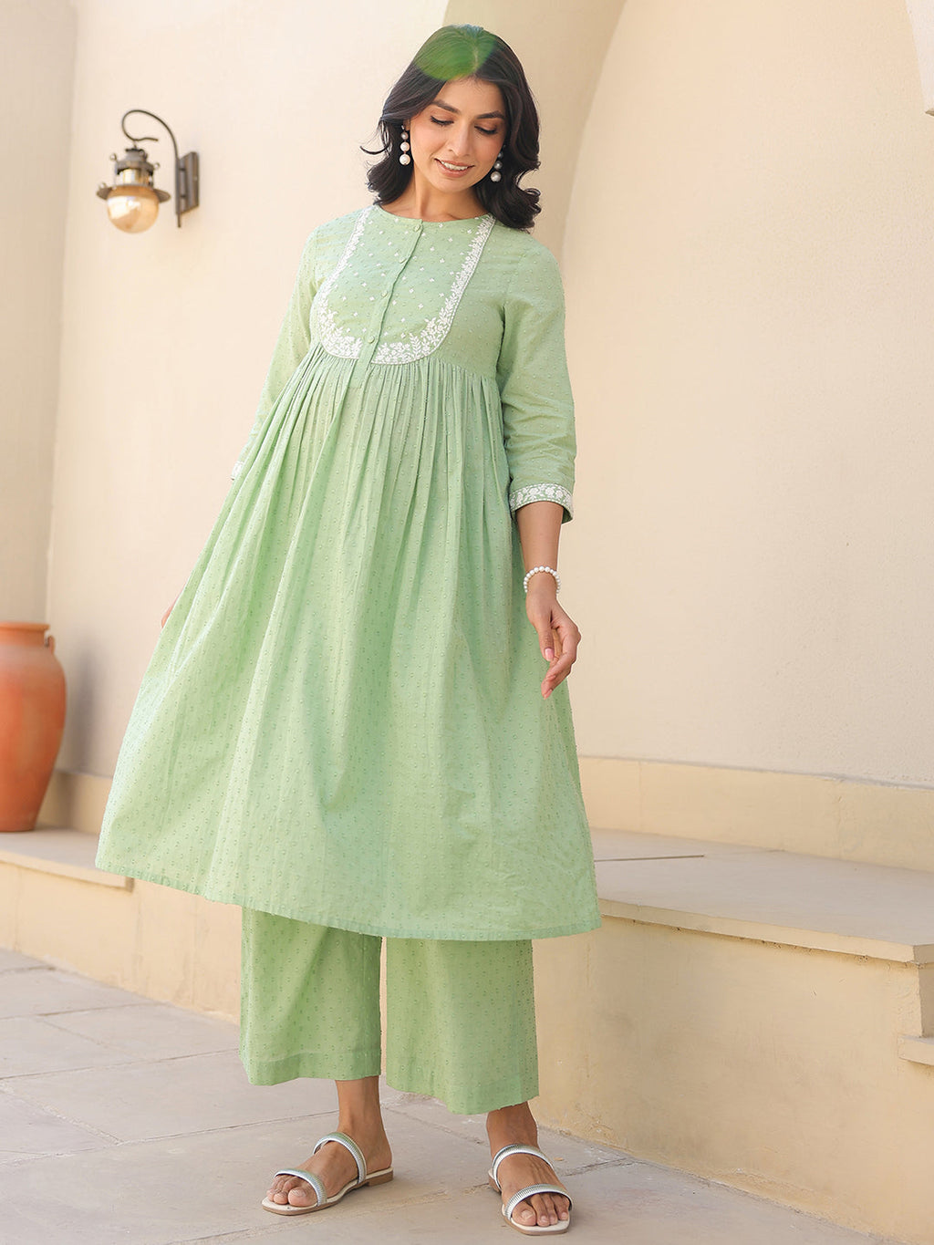 Janasya Women's Light Green Dobby Pure Cotton Yoke Embroidered A line Maternity Kurta Pant Set