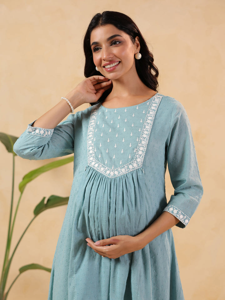Janasya Women's Light Blue Dobby Pure Cotton Yoke Embroidered A-line Maternity Kurta Pant Set - qivii