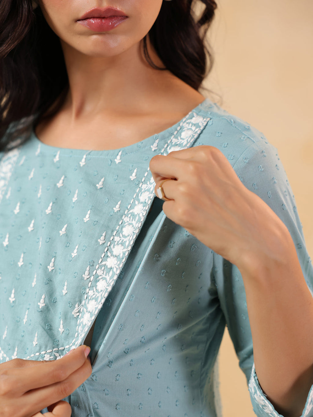 Janasya Women's Light Blue Dobby Pure Cotton Yoke Embroidered A-line Maternity Kurta Pant Set