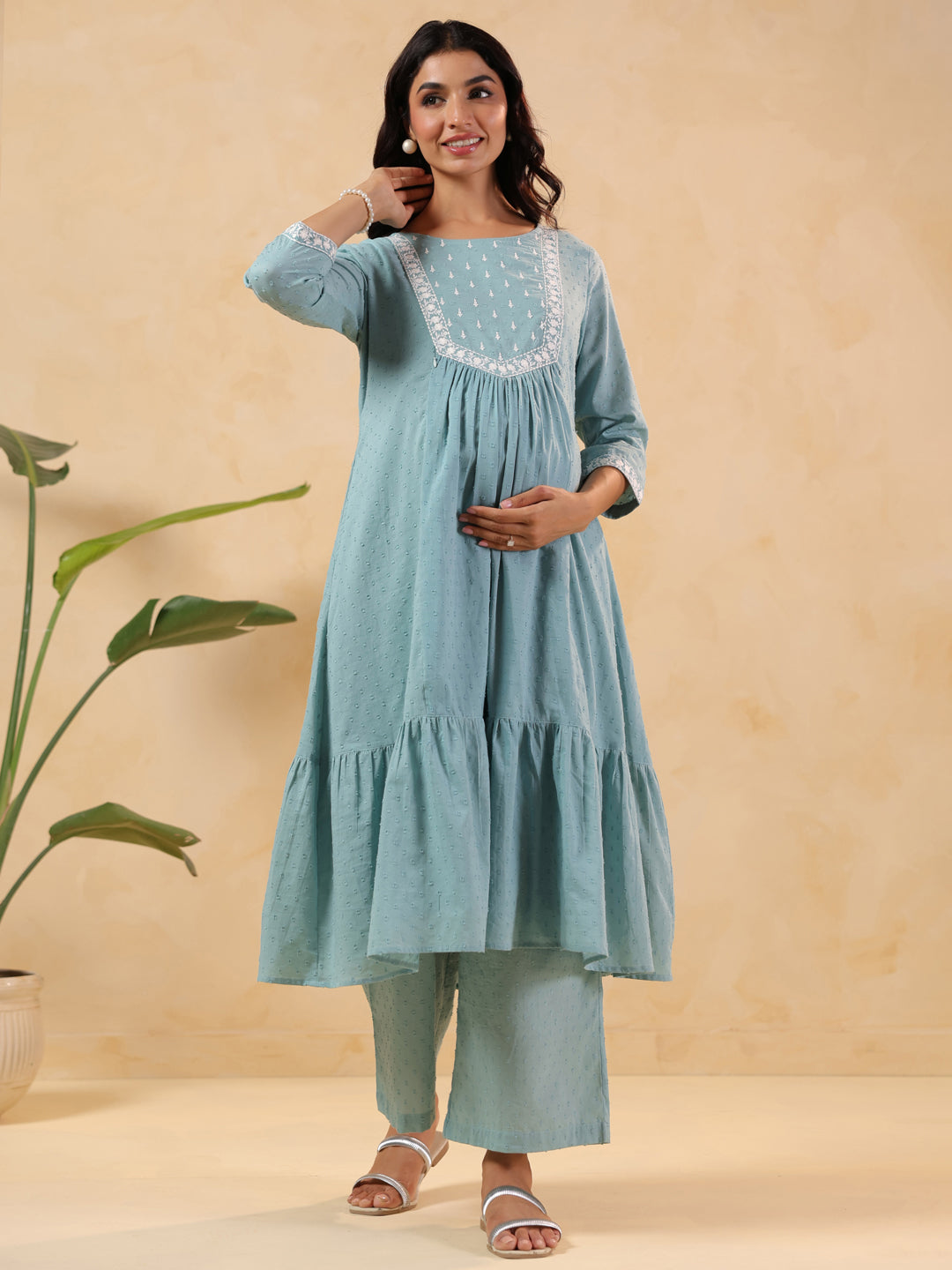 Janasya Women's Light Blue Dobby Pure Cotton Yoke Embroidered A-line Maternity Kurta Pant Set - qivii