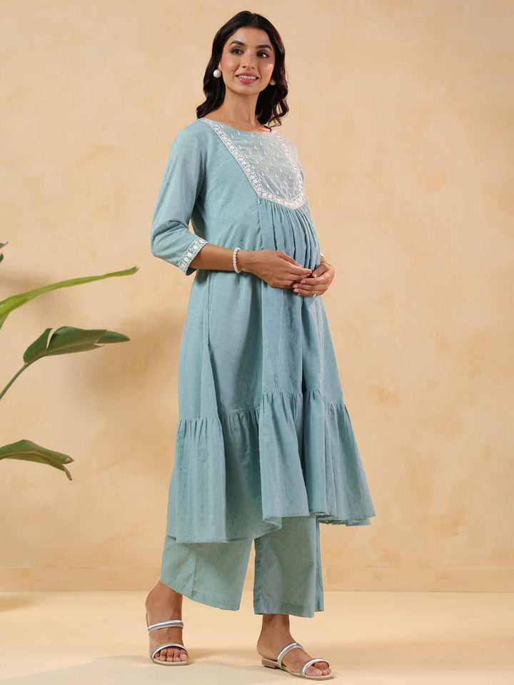 Janasya Women's Light Blue Dobby Pure Cotton Yoke Embroidered A-line Maternity Kurta Pant Set - qivii