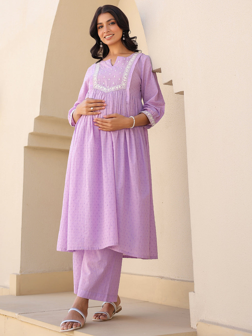 Janasya Women's Lavender Dobby Pure Cotton Yoke Embroidered A-line Maternity Kurta Pant Set