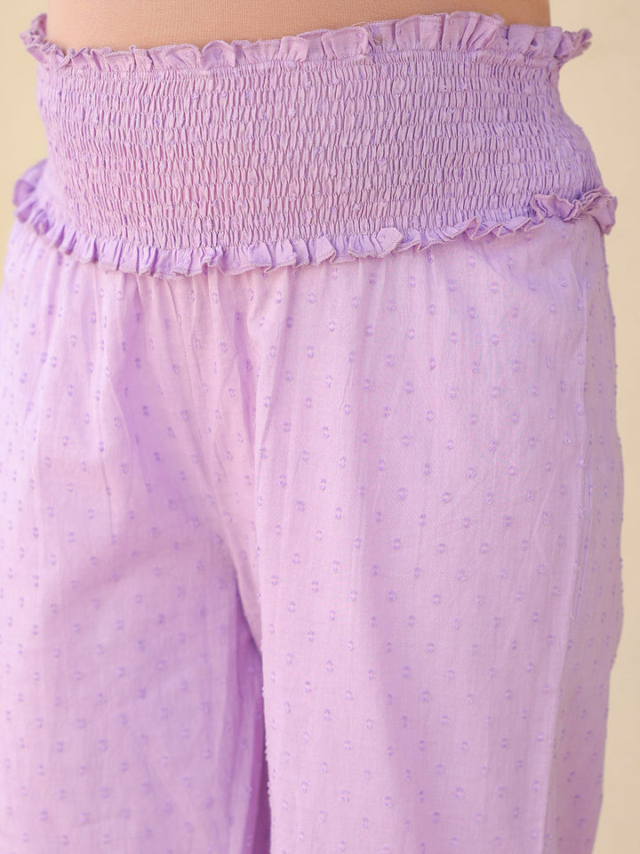 Janasya Women's Lavender Dobby Pure Cotton Yoke Embroidered A-line Maternity Kurta Pant Set - qivii