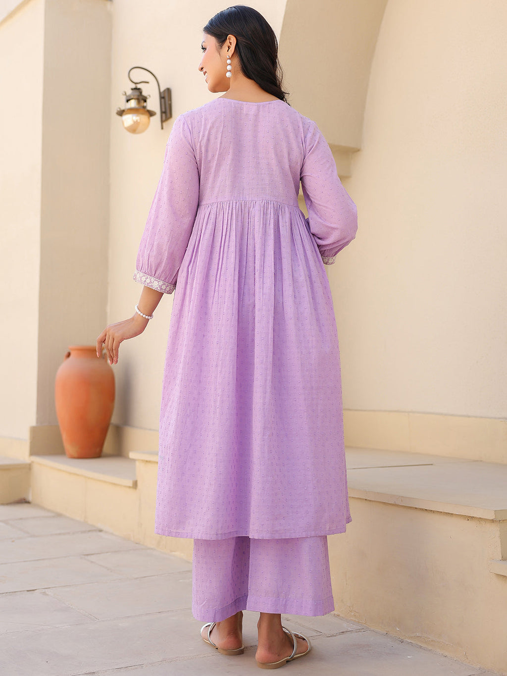 Janasya Women's Lavender Dobby Pure Cotton Yoke Embroidered A-line Maternity Kurta Pant Set