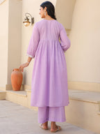 Janasya Women's Lavender Dobby Pure Cotton Yoke Embroidered A-line Maternity Kurta Pant Set