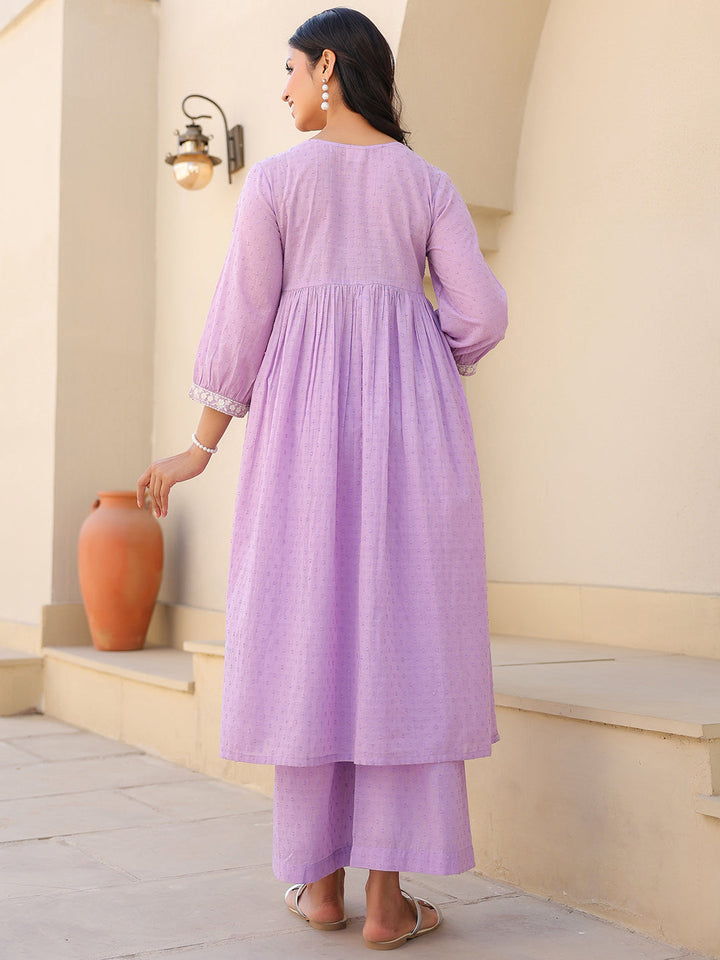 Janasya Women's Lavender Dobby Pure Cotton Yoke Embroidered A-line Maternity Kurta Pant Set - qivii