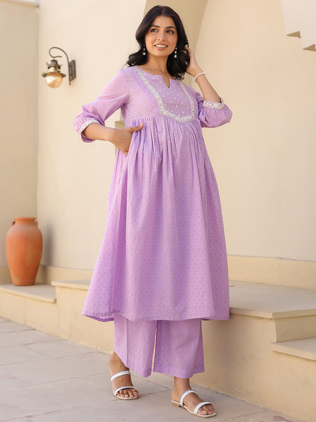Janasya Women's Lavender Dobby Pure Cotton Yoke Embroidered A-line Maternity Kurta Pant Set