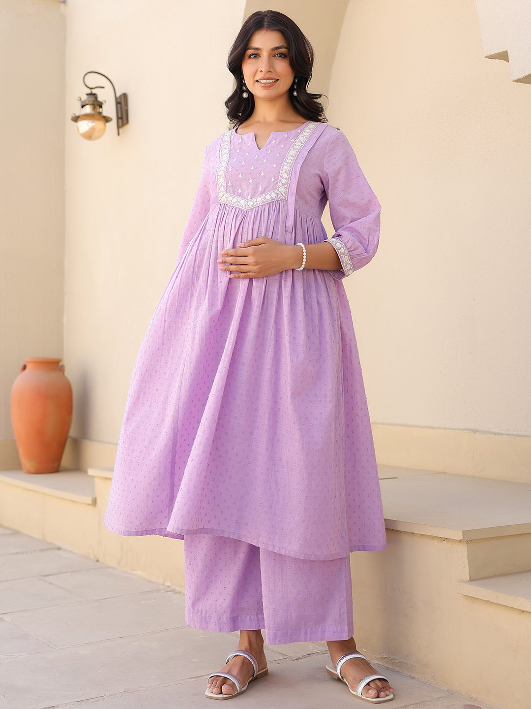 Janasya Women's Lavender Dobby Pure Cotton Yoke Embroidered A-line Maternity Kurta Pant Set - qivii
