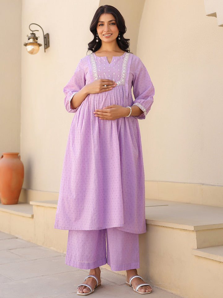 Janasya Women's Lavender Dobby Pure Cotton Yoke Embroidered A-line Maternity Kurta Pant Set - qivii
