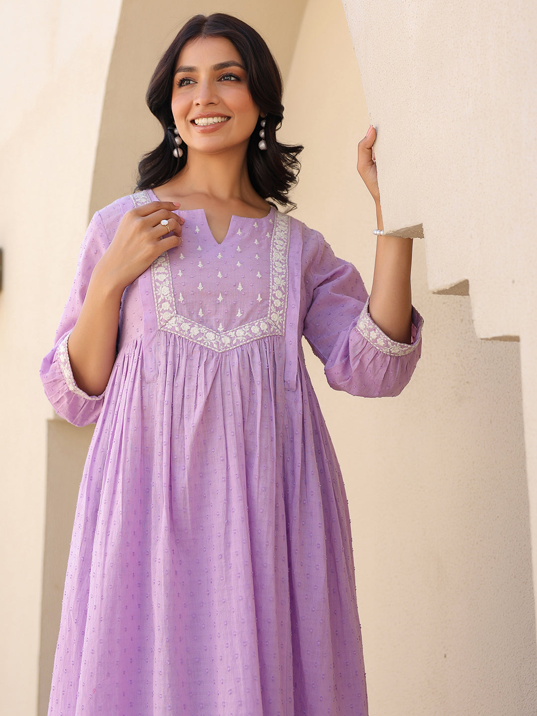 Janasya Women's Lavender Dobby Pure Cotton Yoke Embroidered A-line Maternity Kurta Pant Set - qivii