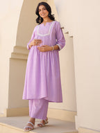 Janasya Women's Lavender Dobby Pure Cotton Yoke Embroidered A-line Maternity Kurta Pant Set