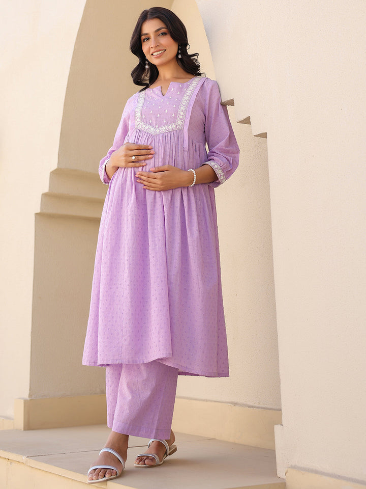 Janasya Women's Lavender Dobby Pure Cotton Yoke Embroidered A-line Maternity Kurta Pant Set - qivii
