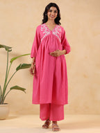 Janasya Women's Pink Dobby Pure Cotton Yoke Embroidery A-line Maternity Kurta Pant Set