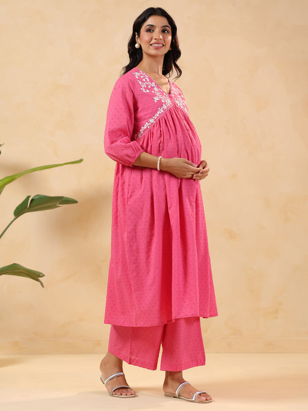 Janasya Women's Pink Dobby Pure Cotton Yoke Embroidery A-line Maternity Kurta Pant Set