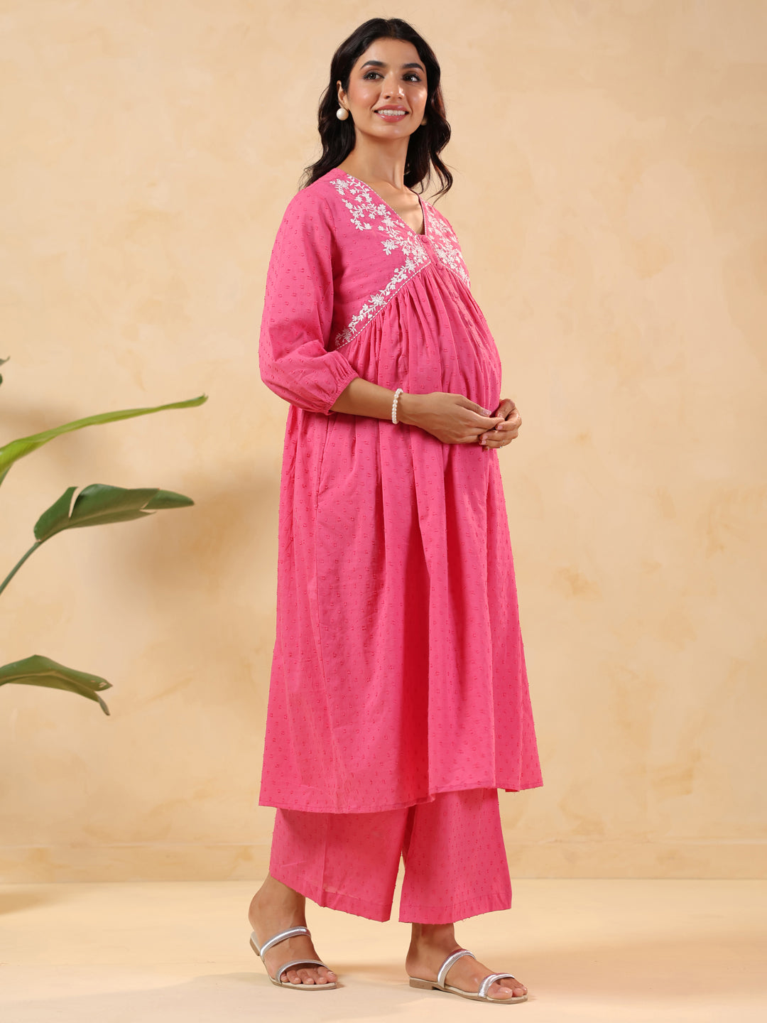 Janasya Women's Pink Dobby Pure Cotton Yoke Embroidery A-line Maternity Kurta Pant Set - qivii