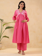 Janasya Women's Pink Dobby Pure Cotton Yoke Embroidery A-line Maternity Kurta Pant Set