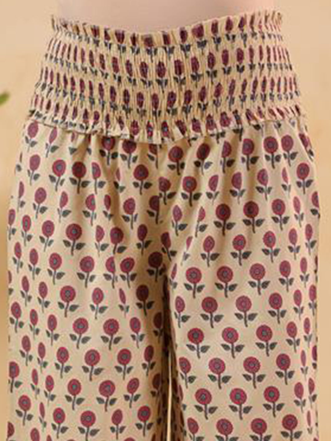 Janasya Women's Cream Pure Cotton Floral Printed A-line Maternity Kurta Pant Set