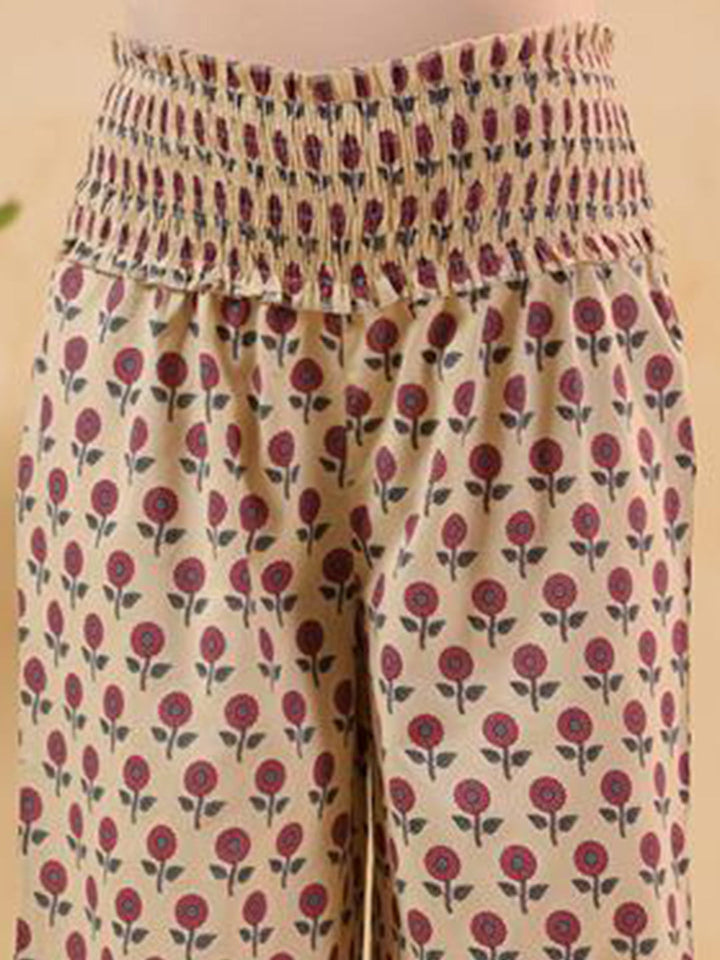 Janasya Women's Cream Pure Cotton Floral Printed A-line Maternity Kurta Pant Set - qivii