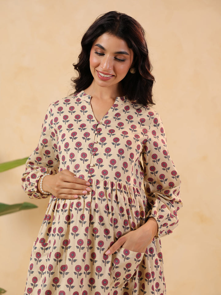 Janasya Women's Cream Pure Cotton Floral Printed A-line Maternity Kurta Pant Set - qivii