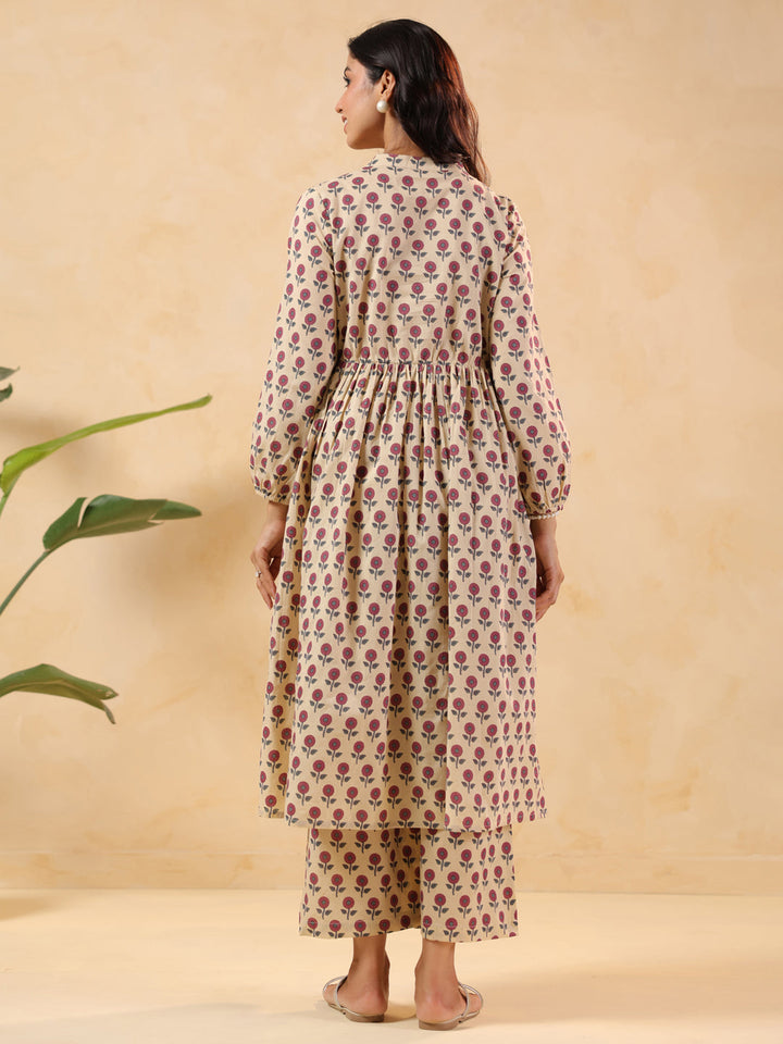 Janasya Women's Cream Pure Cotton Floral Printed A-line Maternity Kurta Pant Set - qivii