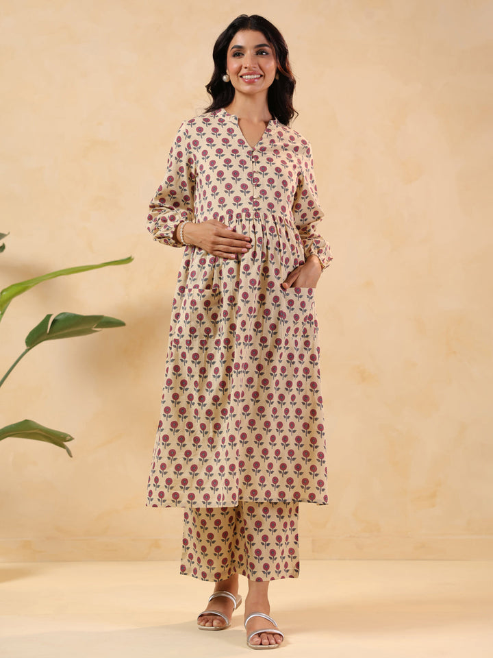 Janasya Women's Cream Pure Cotton Floral Printed A-line Maternity Kurta Pant Set - qivii