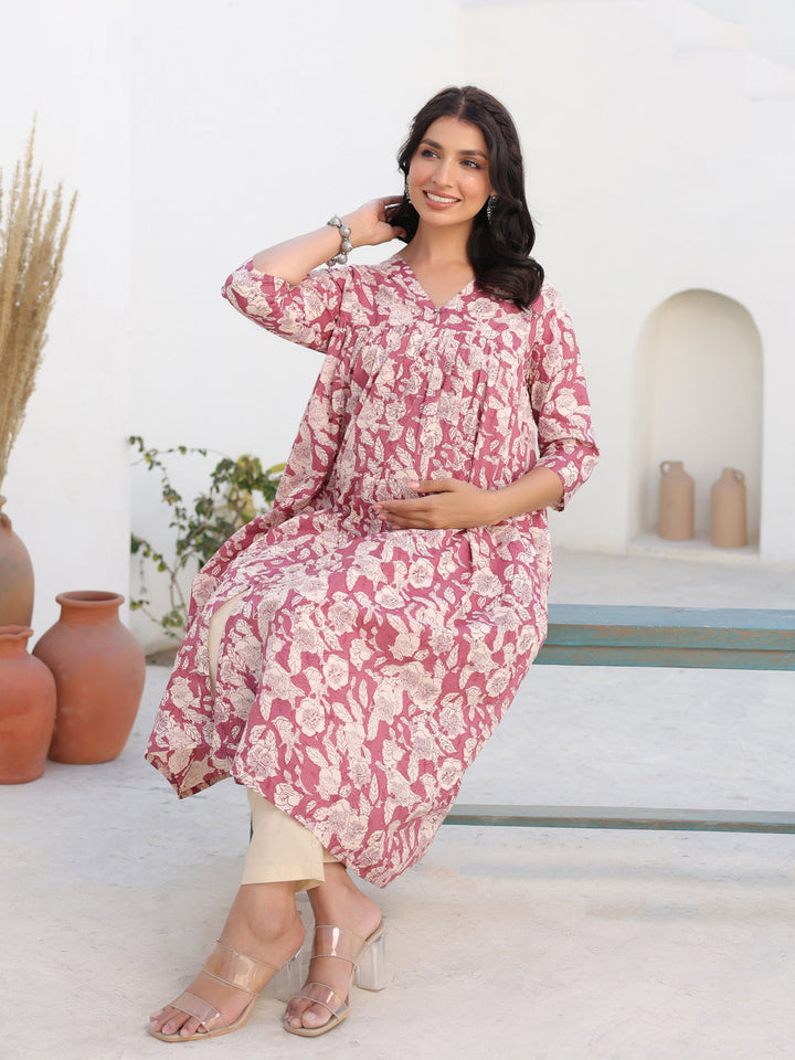 Mauve Pure Cotton Floral Printed Gathered Maternity Kurta - qivii