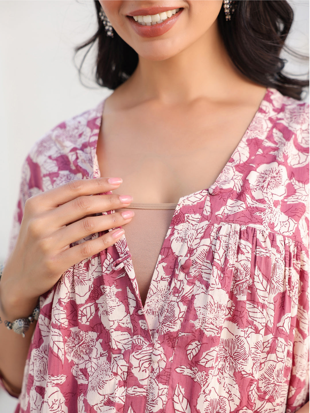 Mauve Pure Cotton Floral Printed Gathered Maternity Kurta - qivii