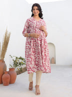 Mauve Pure Cotton Floral Printed Gathered Maternity Kurta