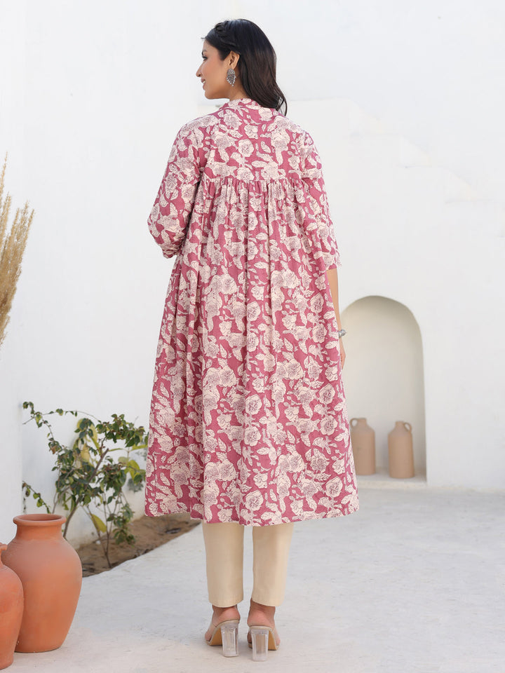 Mauve Pure Cotton Floral Printed Gathered Maternity Kurta - qivii