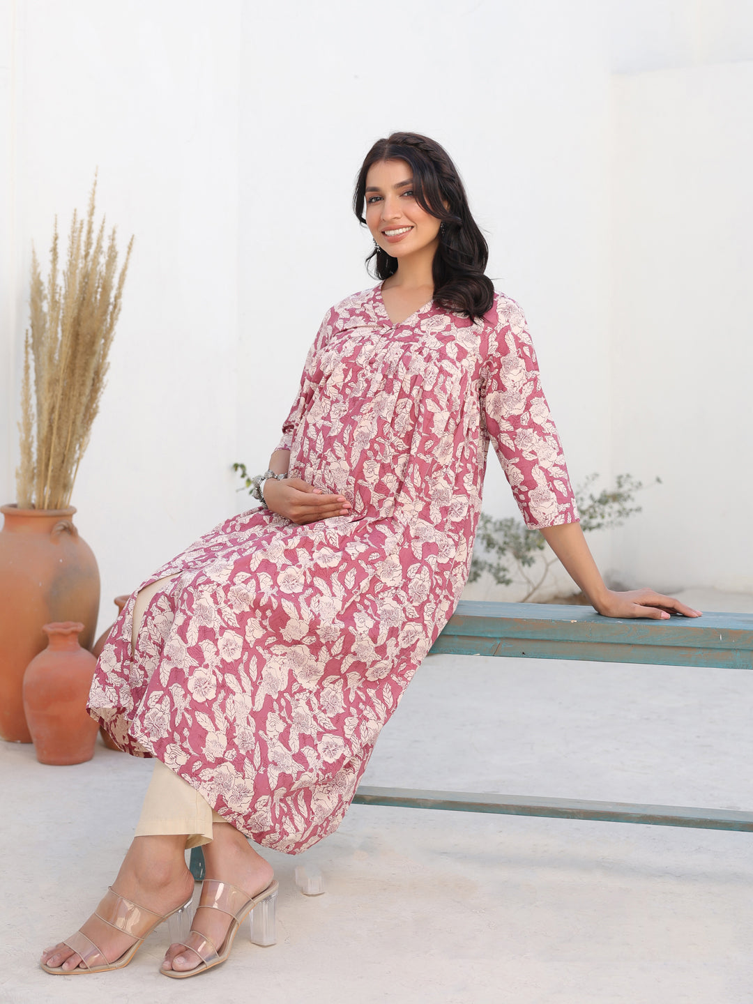 Mauve Pure Cotton Floral Printed Gathered Maternity Kurta - qivii