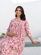 Mauve Pure Cotton Floral Printed Gathered Maternity Kurta