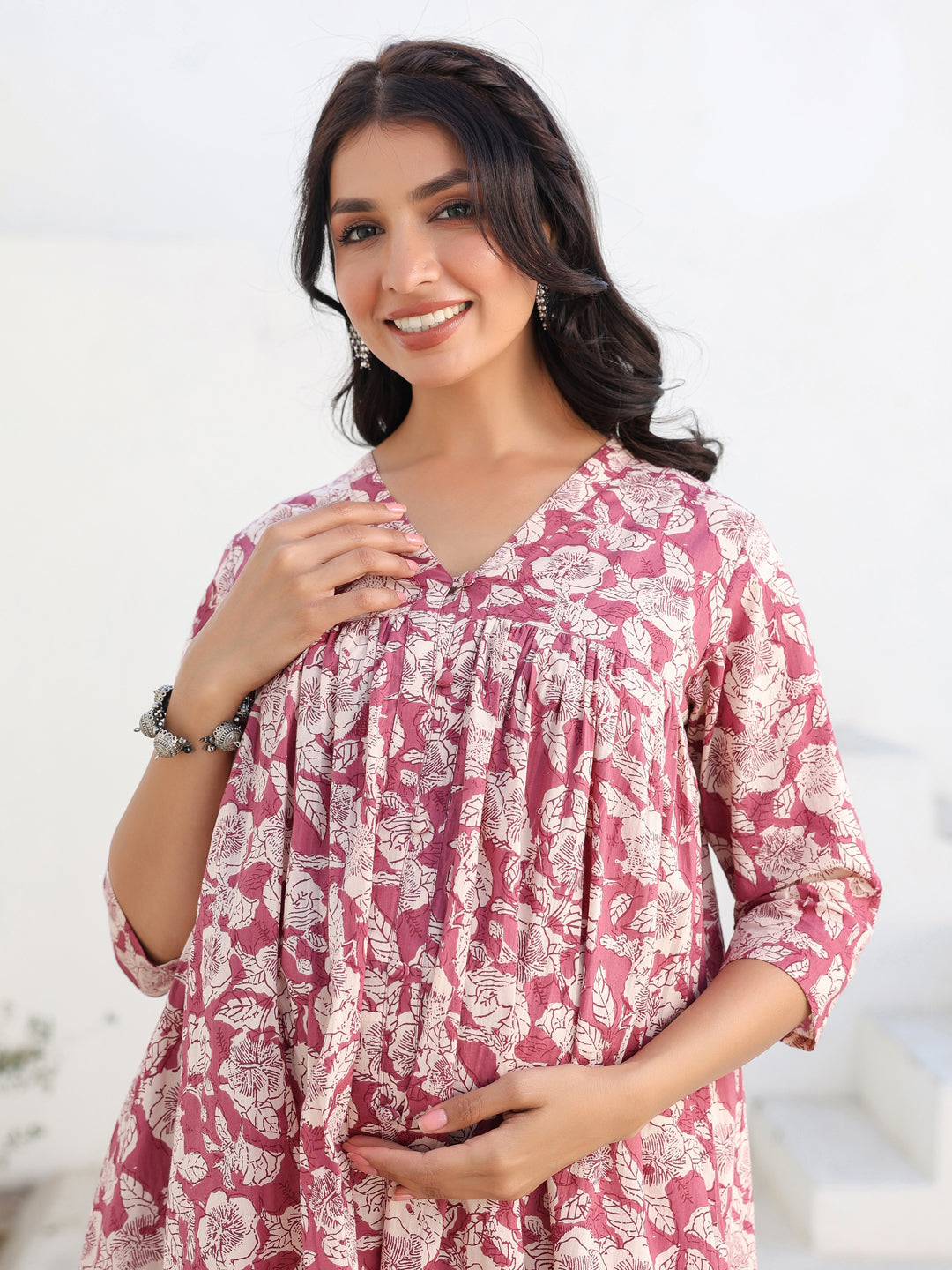 Mauve Pure Cotton Floral Printed Gathered Maternity Kurta - qivii