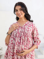 Mauve Pure Cotton Floral Printed Gathered Maternity Kurta