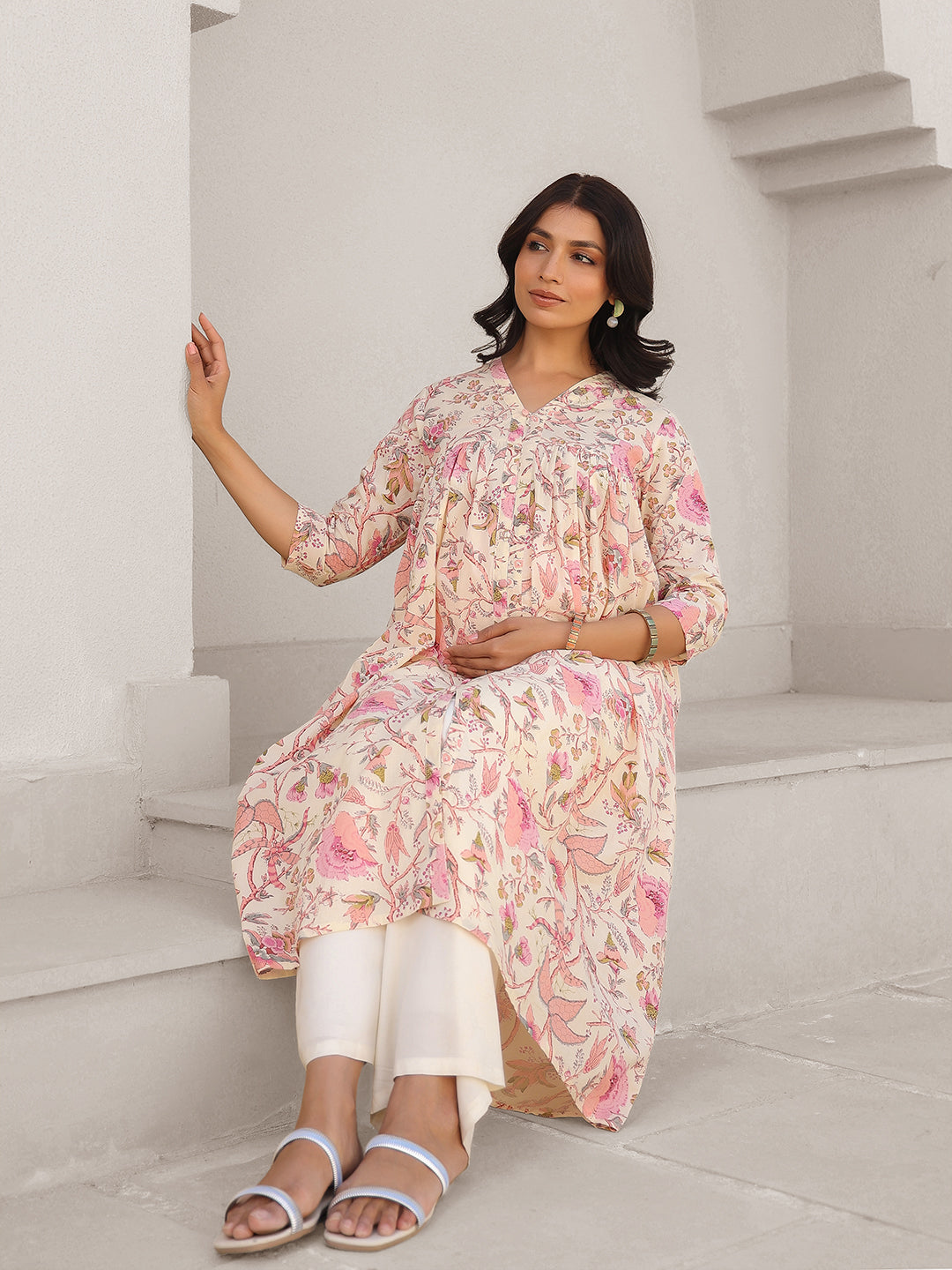 Cream Pure Cotton Floral Printed A-line Maternity Kurta - qivii
