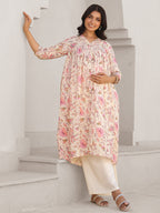 Cream Pure Cotton Floral Printed A-line Maternity Kurta