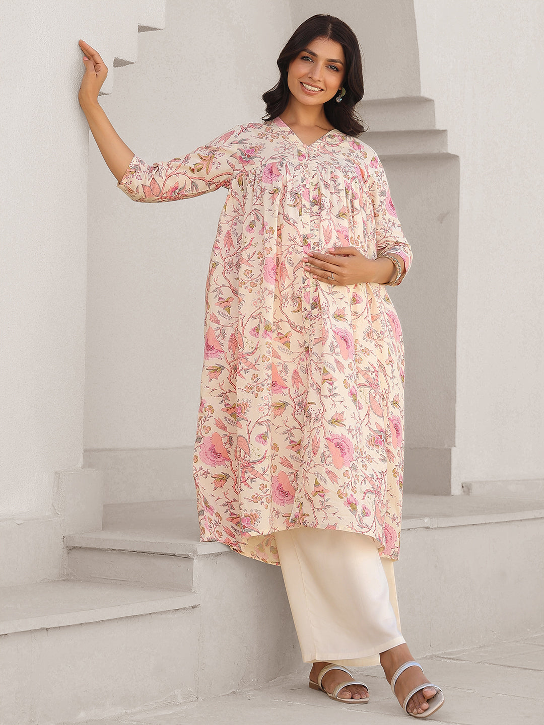Cream Pure Cotton Floral Printed A-line Maternity Kurta