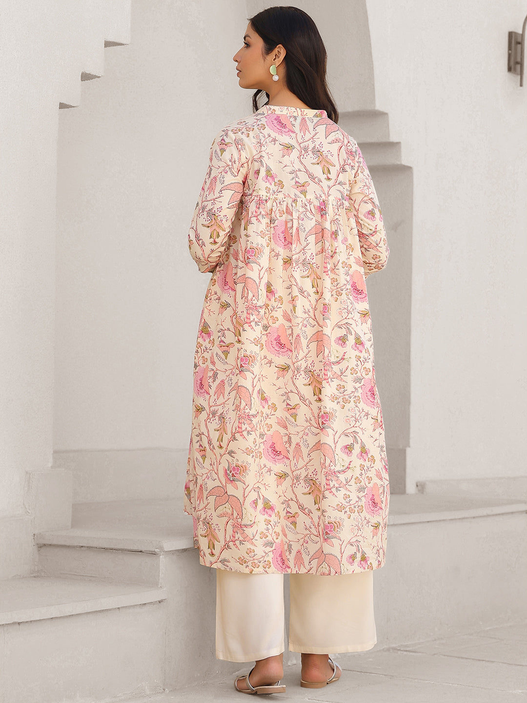 Cream Pure Cotton Floral Printed A-line Maternity Kurta