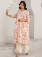 Cream Pure Cotton Floral Printed A-line Maternity Kurta
