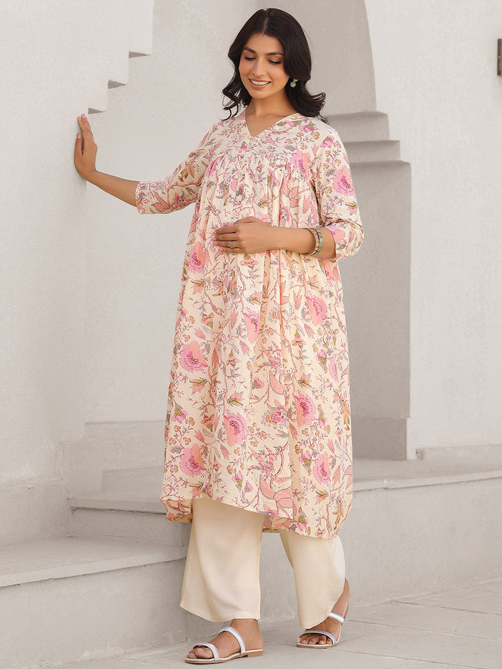 Cream Pure Cotton Floral Printed A-line Maternity Kurta - qivii
