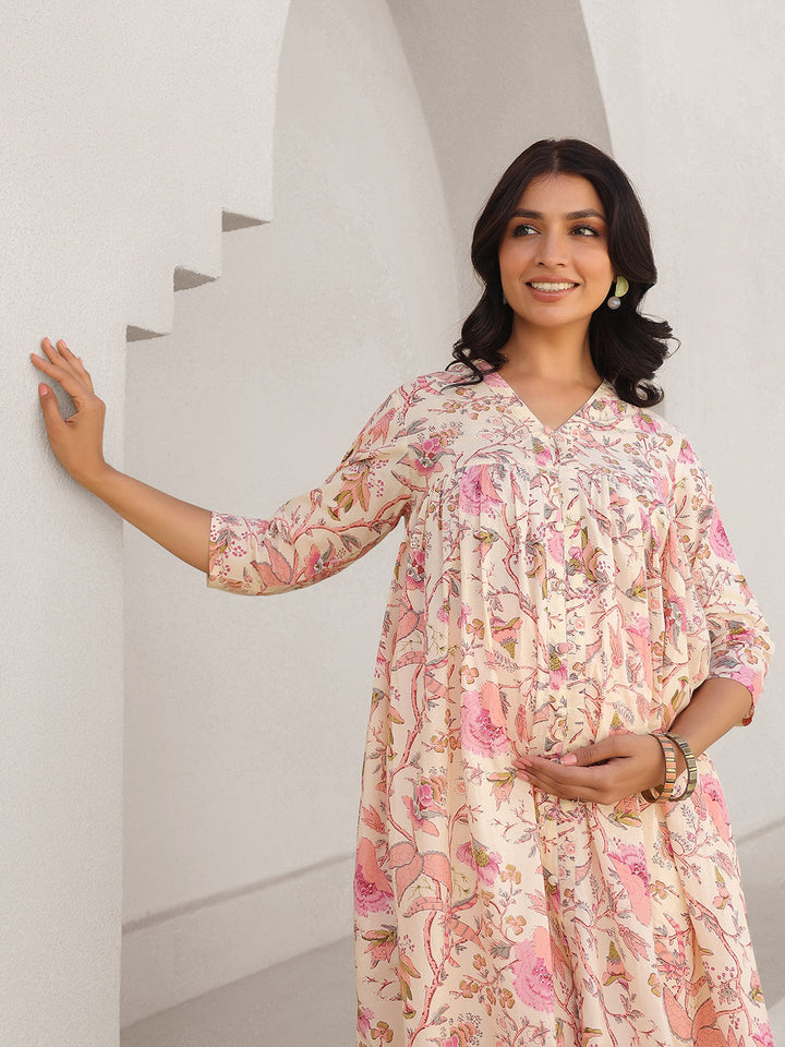 Cream Pure Cotton Floral Printed A-line Maternity Kurta - qivii