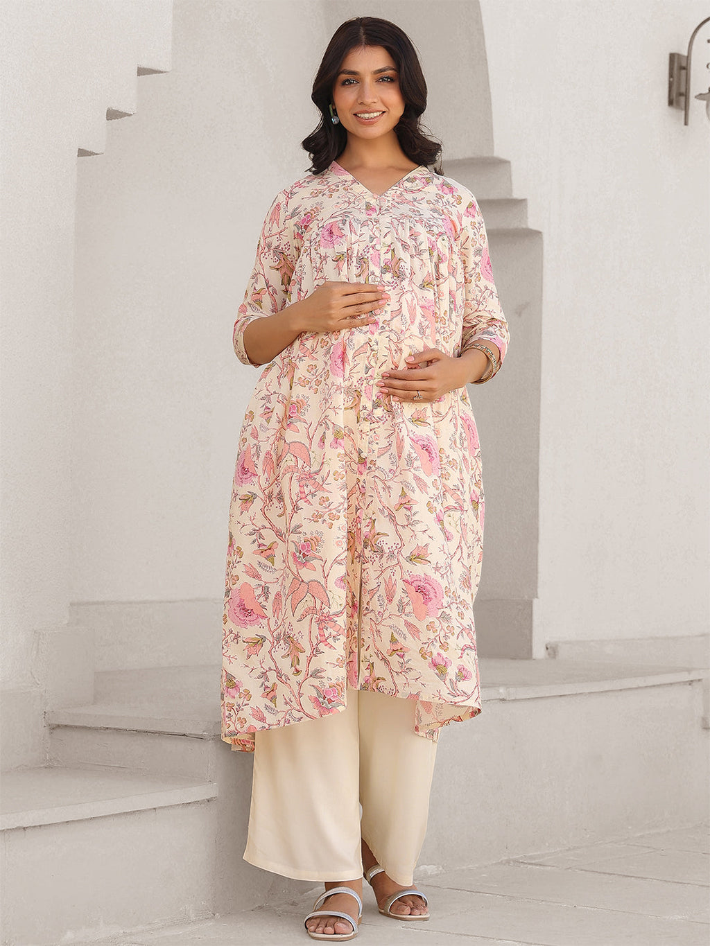 Cream Pure Cotton Floral Printed A-line Maternity Kurta